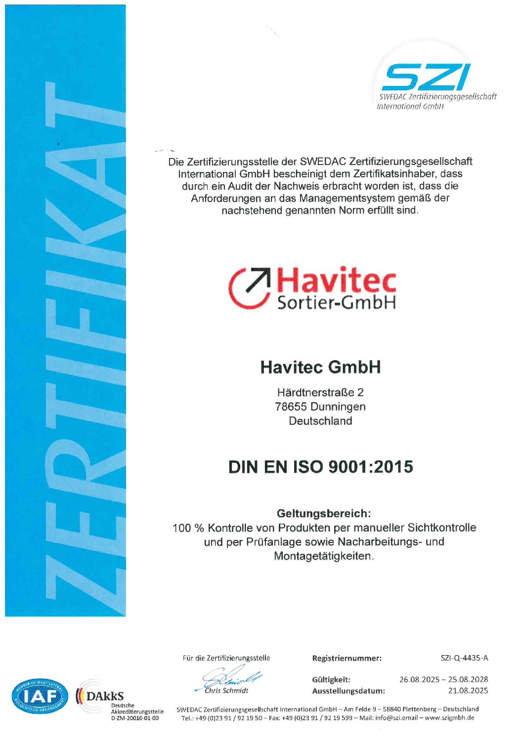 DIN EN ISO 9001:2015 Zertifikat der Havitec GmbH (gültig bis 2028)